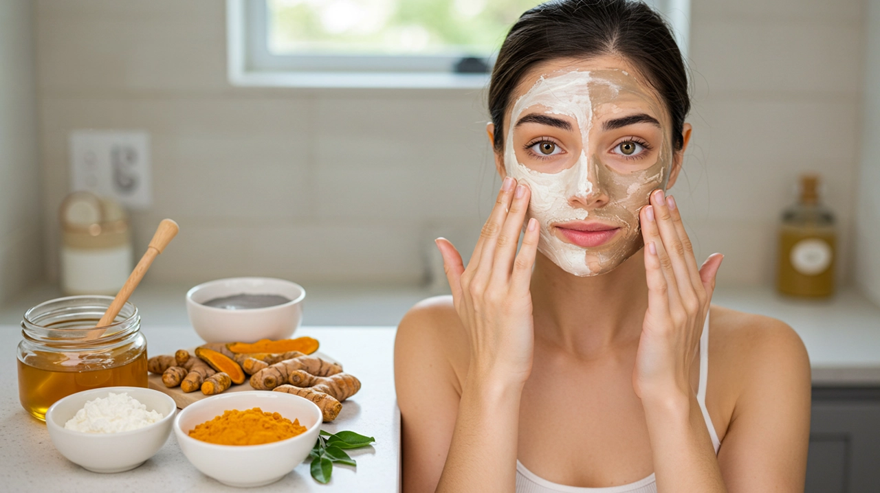 young woman with clear skin applying a homemade face mask to half her face, with natural ingredients like honey, clay, turmeric, and oatmeal arranged in small bowls